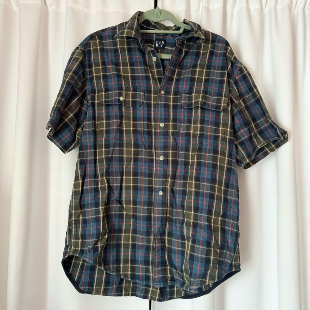 GAP Men's Blue Plaid Button Up Short Sleeve Cotton Shirt Size Medium